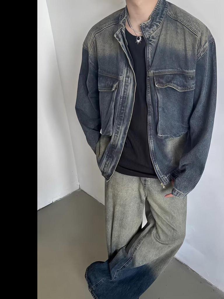 Nostalgic Blue Retro Denim Jacket - Men's Loose Fit with Large Pockets and Stand Collar for Spring & Autumn