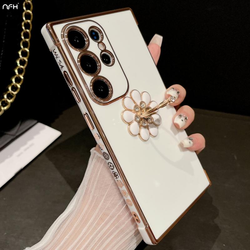 For Samsung Galaxy S24 Ultra Luxury Plating Frame Ring Stand Holder Phone Case For Samsung S21 S22 S23plus A25 A52 A54 A55 Cover