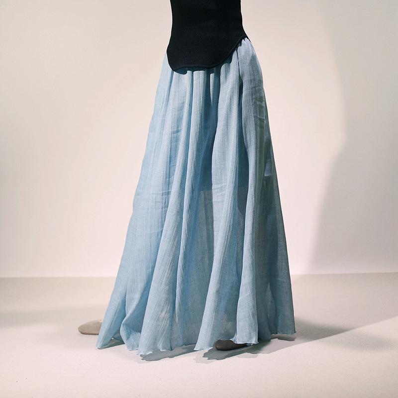 Women's Double Layer Cotton Linen Maxi Skirts Boho Solid Elastic High Waist Pleated A-Line Flowy Swing Long Maxi Skirts Soft Maxi Skirts for Women