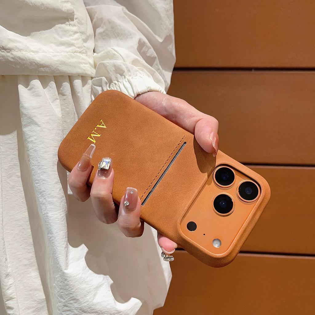 Personalized Vintage Faux Leather Insertable Card Case for iPhone 17 16 15 14 13 Pro Max Air Custom Name Hot Gold Foil Stamping