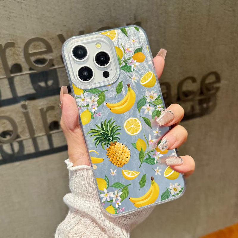 Banana Fruits Pattern Clear Soft Edge Slim Sparkling Phone Case For iPhone 16 Pro Max 15 Pro 14 13 12 11 Feather Glitter Shockproof Hard PC Back Cover