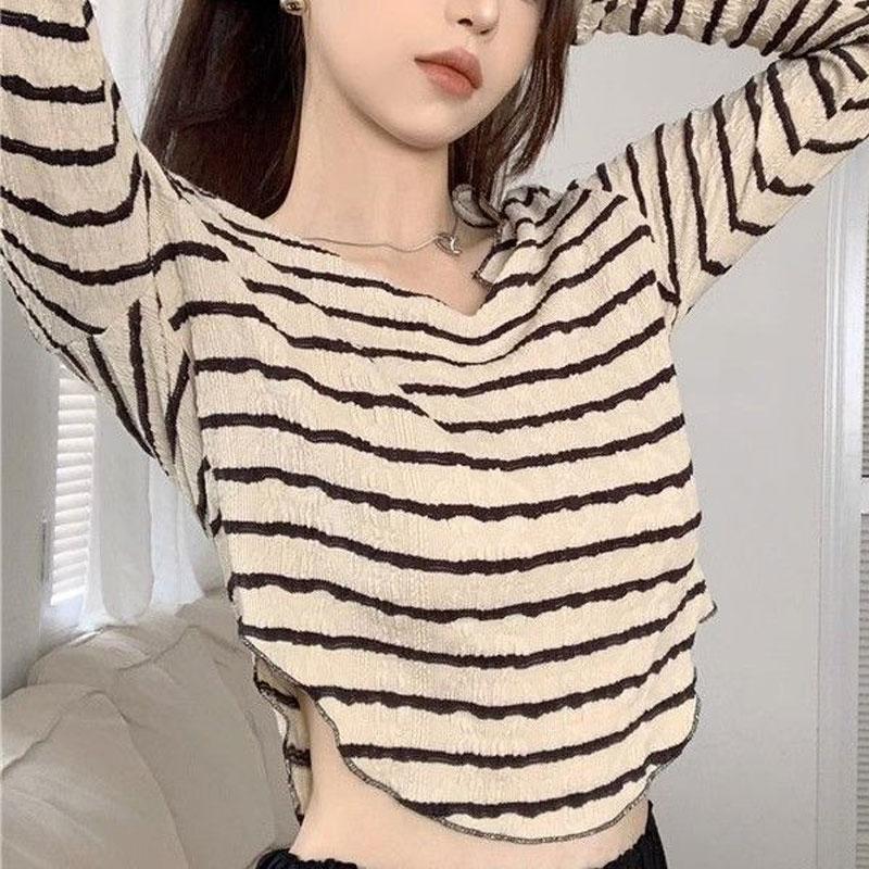 

Необычная футболка с V-образным вырезом, в полоску, с длинными рукавами, женская, осенне-зимняя новинка, облегающая базовая футболка, короткий топ XL белый/чёрный