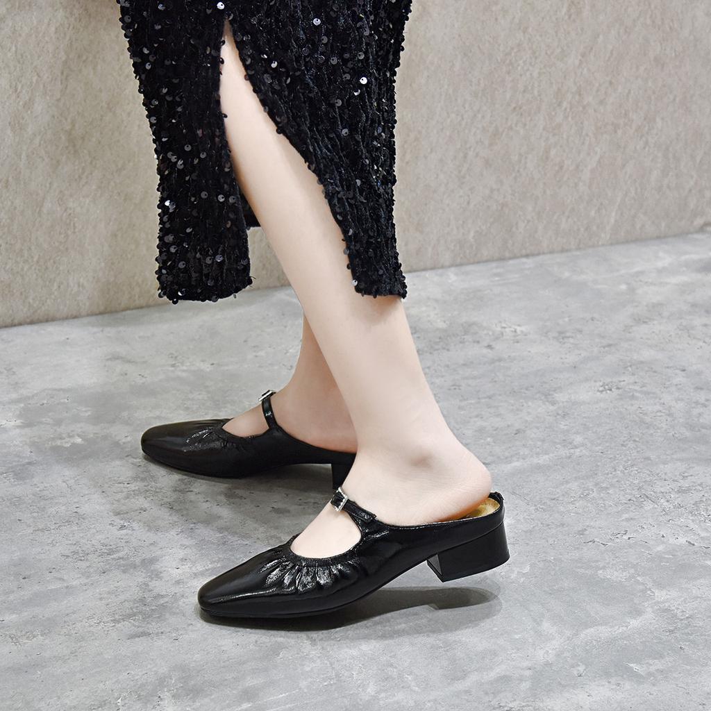 Baotou Slippers Women's Outer Wear Spring and Summer New Elegant Flat-bottomed Lazy Drag Belt Buckle Half Drag