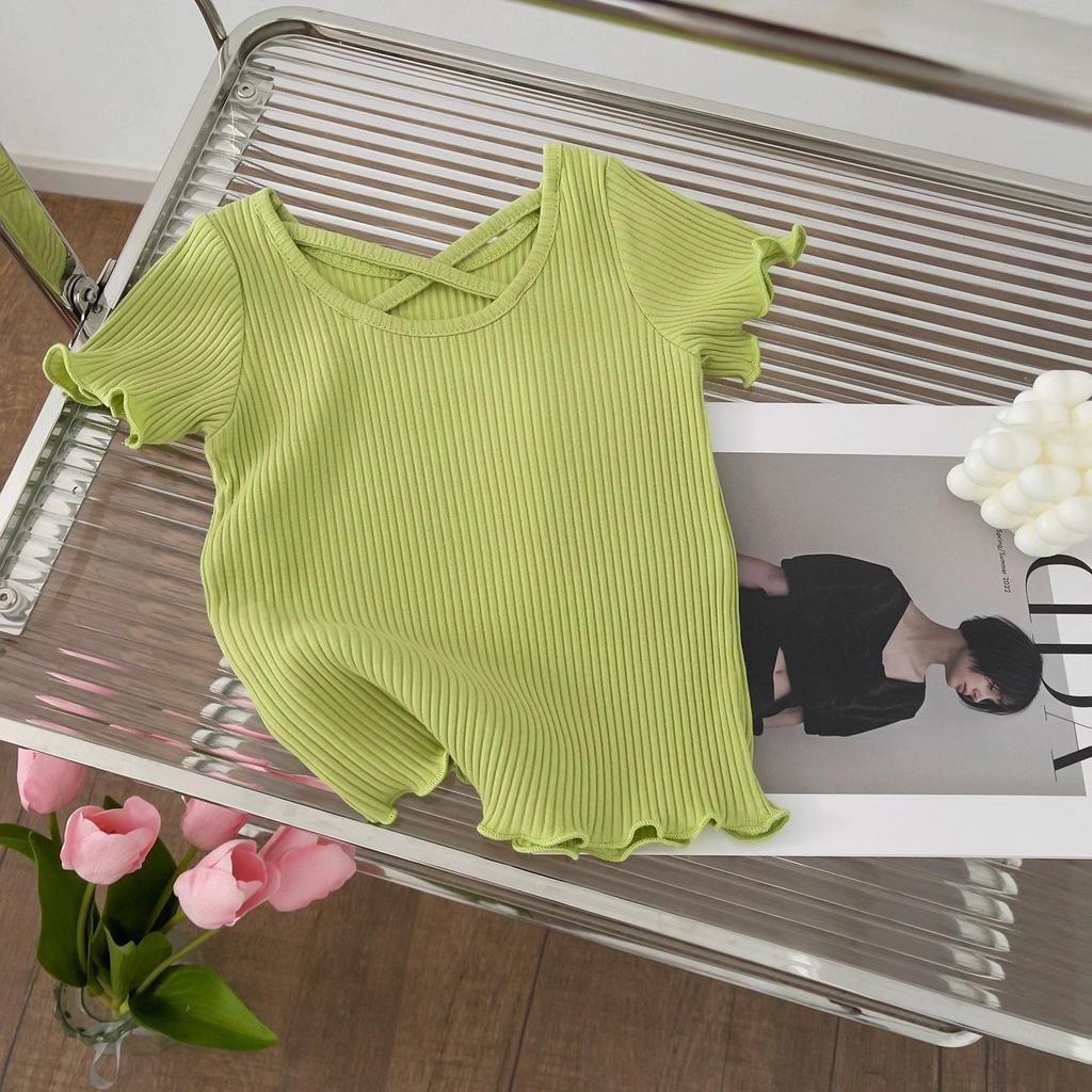 Girls Fashion Back Cross Short Sleeve T-shirt Summer Kids Solid Color Casual Top