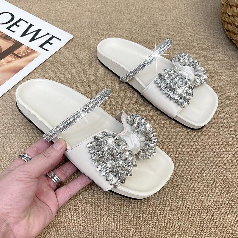2025 summer new rhinestone bow cool slippers women's summer wear versatile skirt French flat slippers