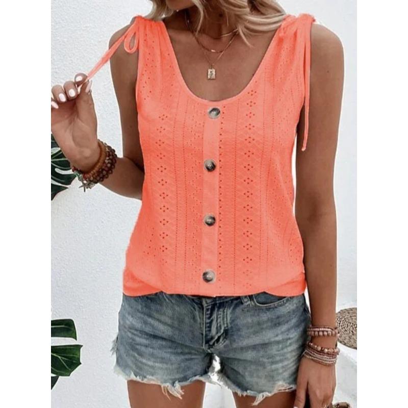 Summer Women's Vest Casual Round Neck Tie Button Tank Top Sleeveless Top