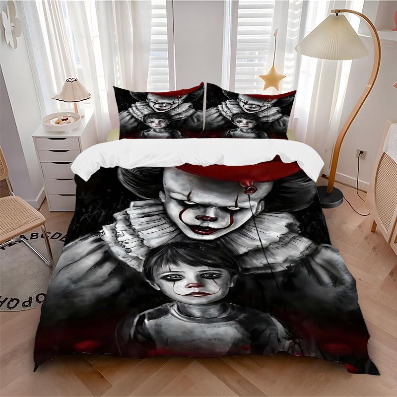3pcs Creepy Clown Bedding Set, 1 Soft Quilt Cover + 2 Pillowcases, Machine Washable, Suitable for All Seasons