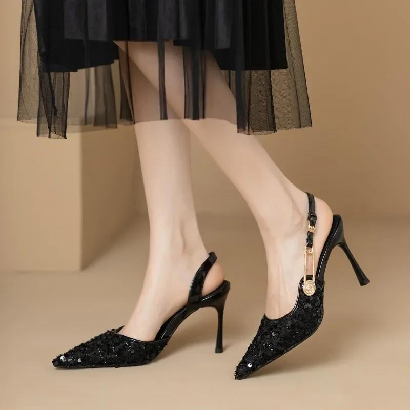 

Женские босоножки, летние, новые, высокие каблуки, заостренные, с блестками, покрытые пряжкой на высоком каблуке, модные, темпераментные, босоножки на шпильках 40