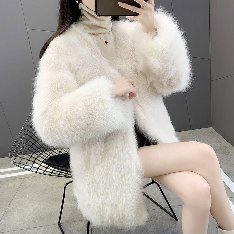 Womens Faux Fox Fur Coat Mid-Length V-Neck Slim Fit Winter Parka Rabbit Outerwear