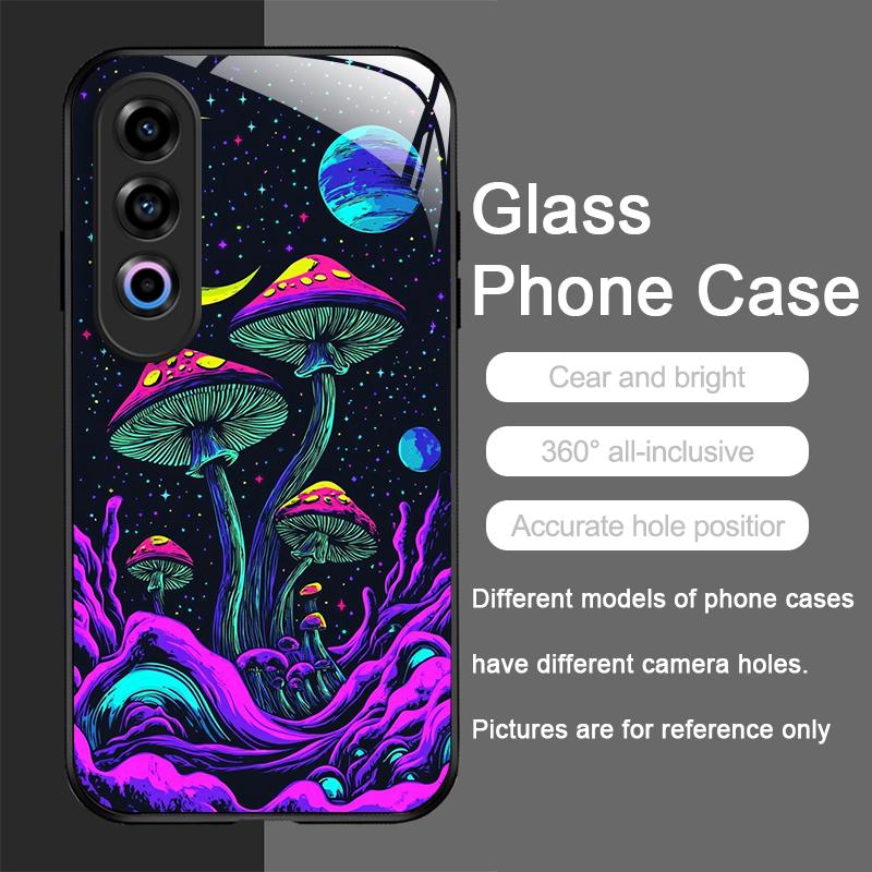 Creative Personality Mushroom Pattern Tempered Glass Phone Case for OnePlus 13R 12 11 10 9 Nord CE4 3 2 Lite ACE2 ACE3 Pro Cover