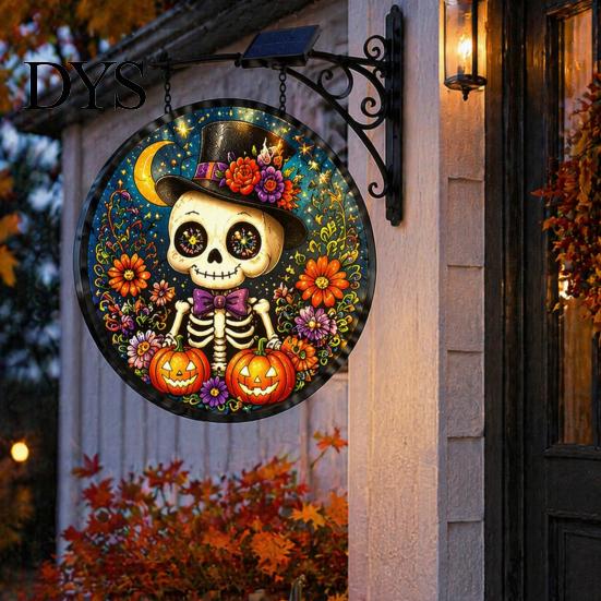 Entryway Holiday Decor Solar Halloween LED Hanging Sign Light, Outdoor Waterproof Lighted Handcrafted Resin Signs for Porch Yard Garden Halloweens