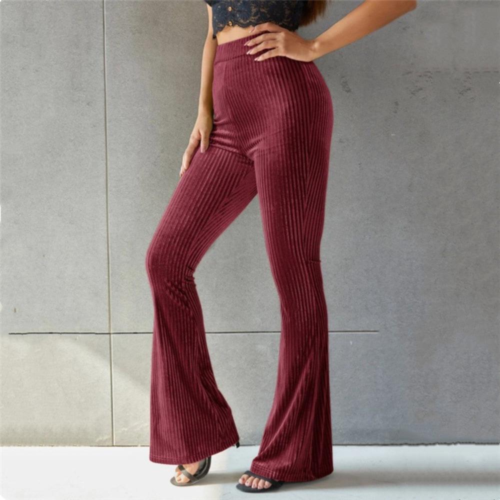 Women's High Waist Velvet Ribbed Flare Pants Slim Fit Solid Color Micro Bell Bottom Long Trousers
