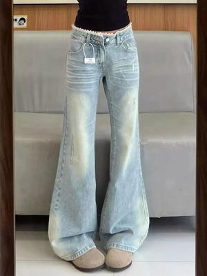 Women's Fall 2025 American Light Blue Lace Trim Patchwork Micro Flare Jeans