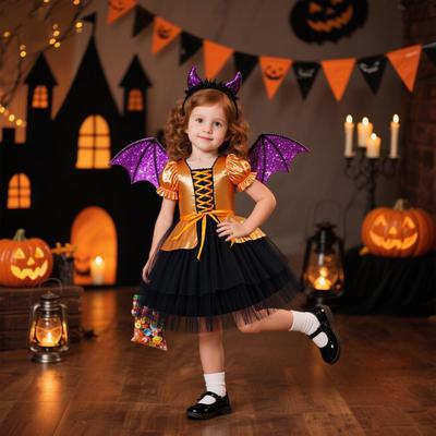 2025 Europäisches & Amerikanisches Halloween Prinzessin Puffärmel Abendkleid mit Schleife Rock für Mädchen