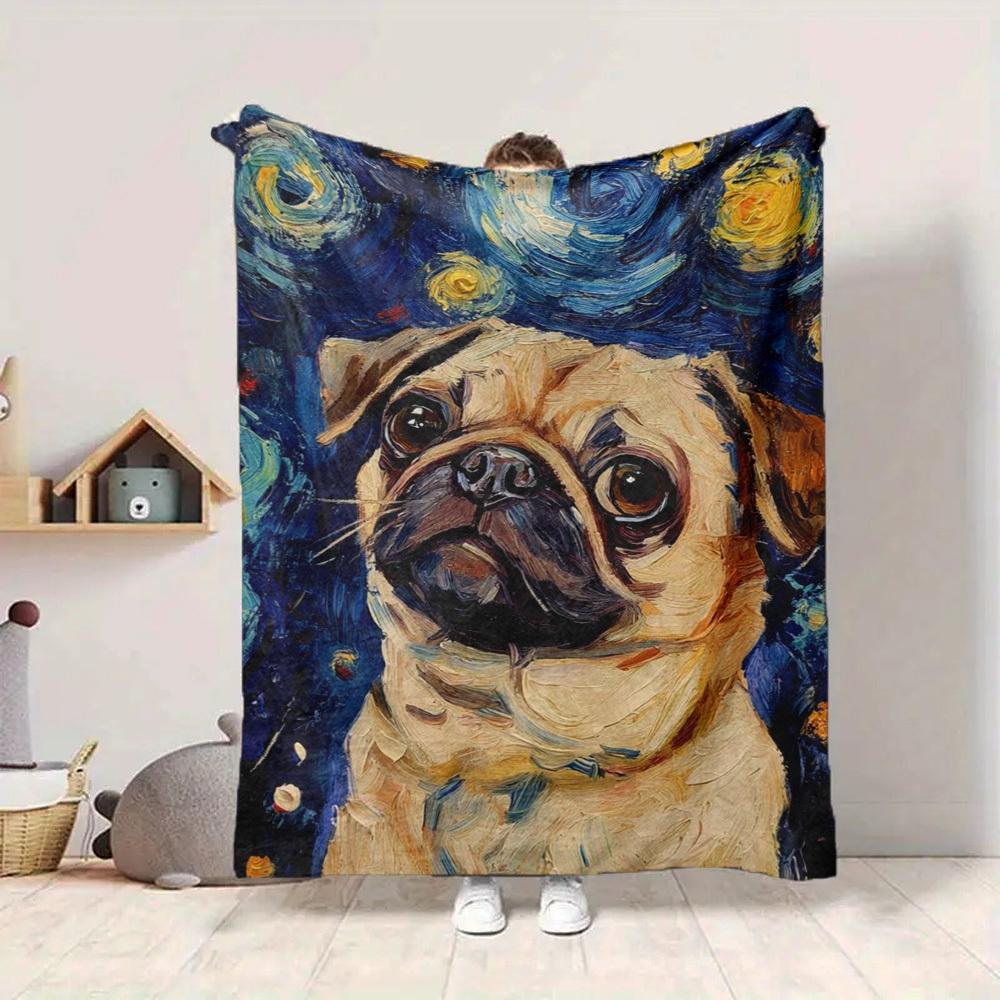 1pc Pug Art Print Blanket Lightweight Flannel Blanket Throw Blanket For Sofa, Bed, Travel, Camping, Livingroom, Couch, Chair, And Bed yy2509026191