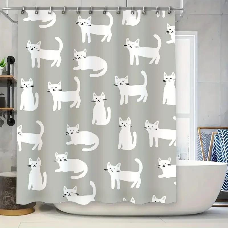 

White Cat Shower Curtain Cute Bathroom Decor Set for Kids Bath Room Waterproof Fabric Home Decoration 90X180CM