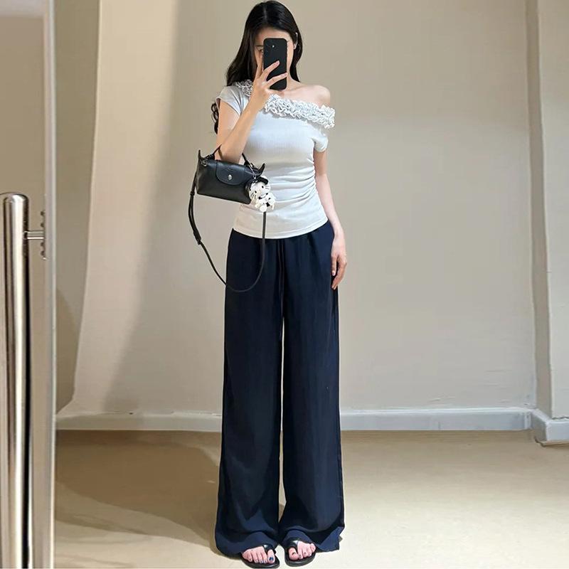 Maternity High-Waisted Wide-Leg Linen Pants – Summer Ice Silk Sun Protection Style M