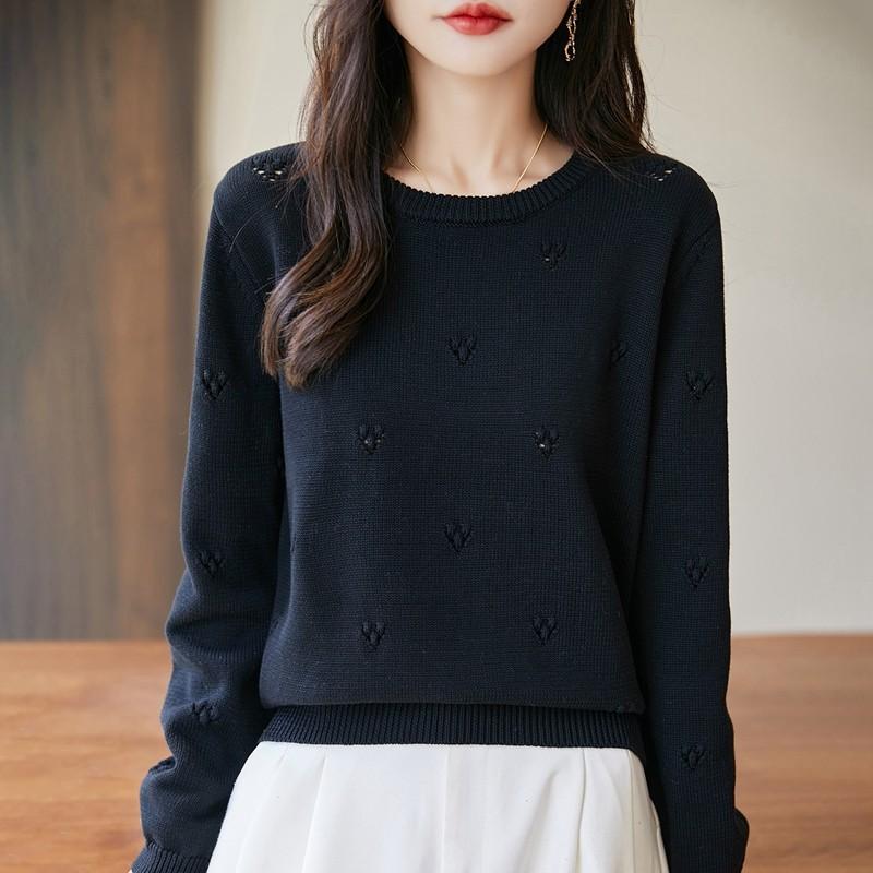 Neuer Herbst- und Winter-Rundhals-Strickpullover, Langärmliger gehäkelter Pullover mit Aushöhlungen, Basisschicht und Oberteil
