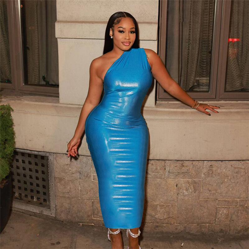 Women's Summer Sexy Slant Shoulder Waisted Hip Wrap Mid-Length Dresses
