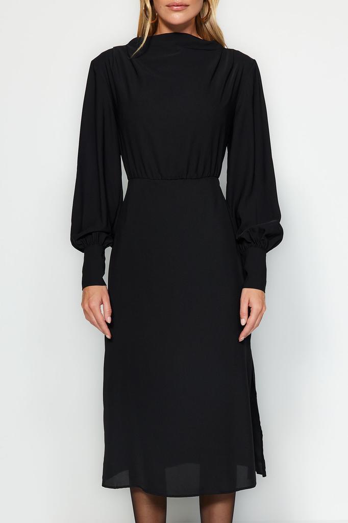 Kleid im Damenstil Schwarzes gewebtes Midikleid mit Schlitz