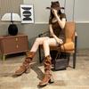 Fashion New Fold Women's Vintage Brown Metal Belt Buckle Western Cowboy Boots Square High Heel Long Boots Fashion Knight Boots 2025