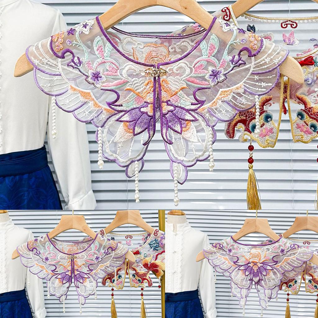 Chinese Style Embroidered Lace False Collar Girls Shirt Sewing Supplies Lace Collar Shawl with Pearl Adjustable Size
