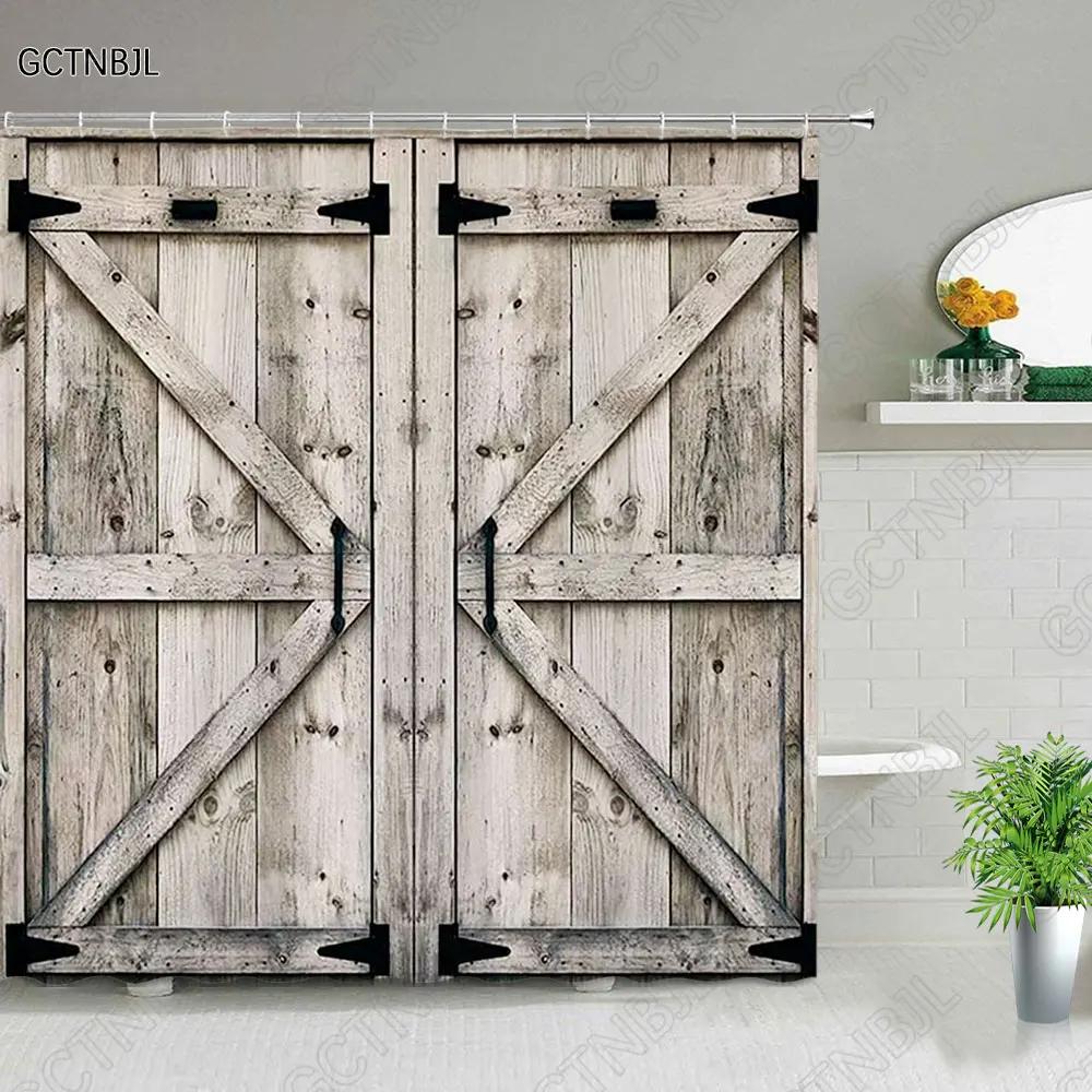 Retro Holz Türen Duschvorhang Set Rustikal Alt Vintage Scheunentor Stoff Badezimmervorhänge Bauernhaus Baddeko Badwände Haken