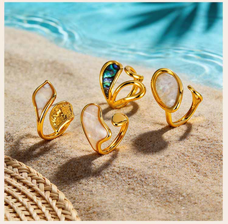Abalone Shell Ring Natural Mother of Pearl Gold Plated Adjustable Open Irregular Geometric French Vintage Summer Beach Jewelry