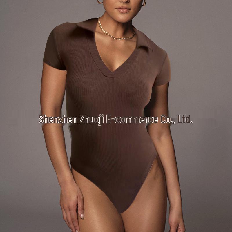 2025 Summer European & American Women's Cotton Ribbed Polo Neck Slim-Fit Short-Sleeve Jumpsuit
