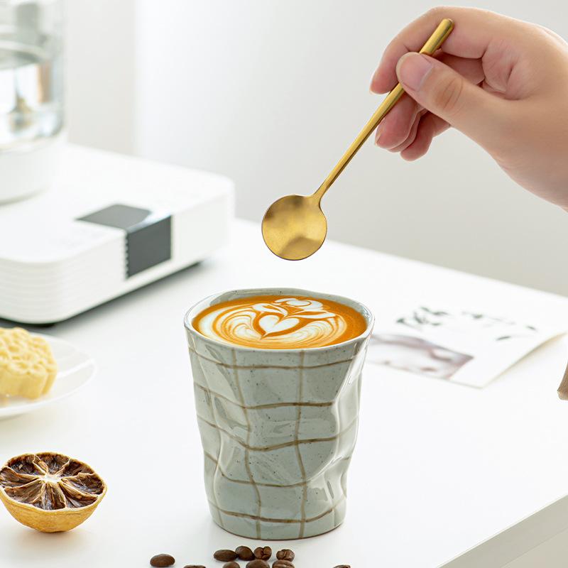 Japanese Handmade Rough Pottery Mugs Retro Plaid Fold Ceramics Coffee Cups Household Restaurant Milk Juice Cereal Breakfast Cups