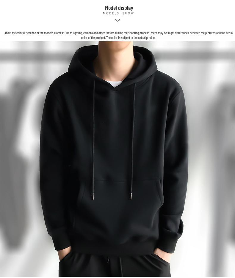 Men's Trendy Solid Color Velvet-Lined Hooded Sweater - Thick, Warm, Autumn/Winter Korean Style Pullover with Round Neck.