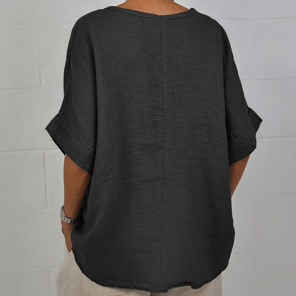 Women's  Color Casual Fashion Pullover With Mid Sleeve Cotton And Linen Top