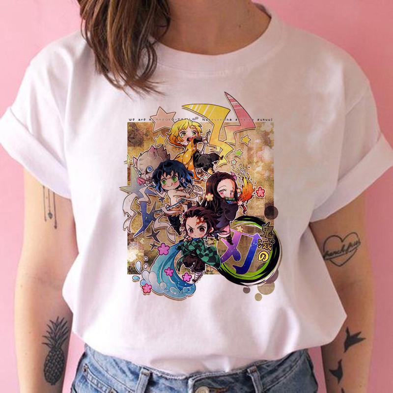2023 New Women T-Shirt Kimetsu No Yaiba Demon Slayer Top Female T Shirt Harajuku Streetwear O-Neck Casual Ladies Tees Clothing
