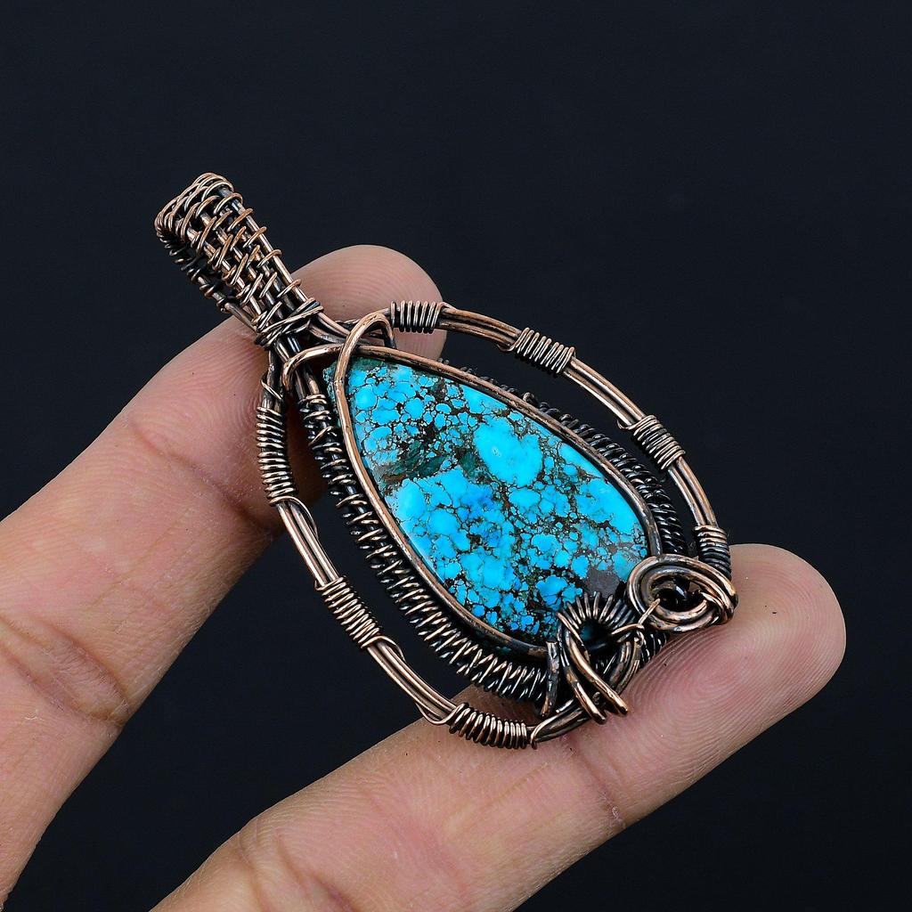Tibetan Turquoise Pendant, 999 Copper Wire Wrapped Gemstone Jewelry, Handmade Pendant, For Thanksgiving