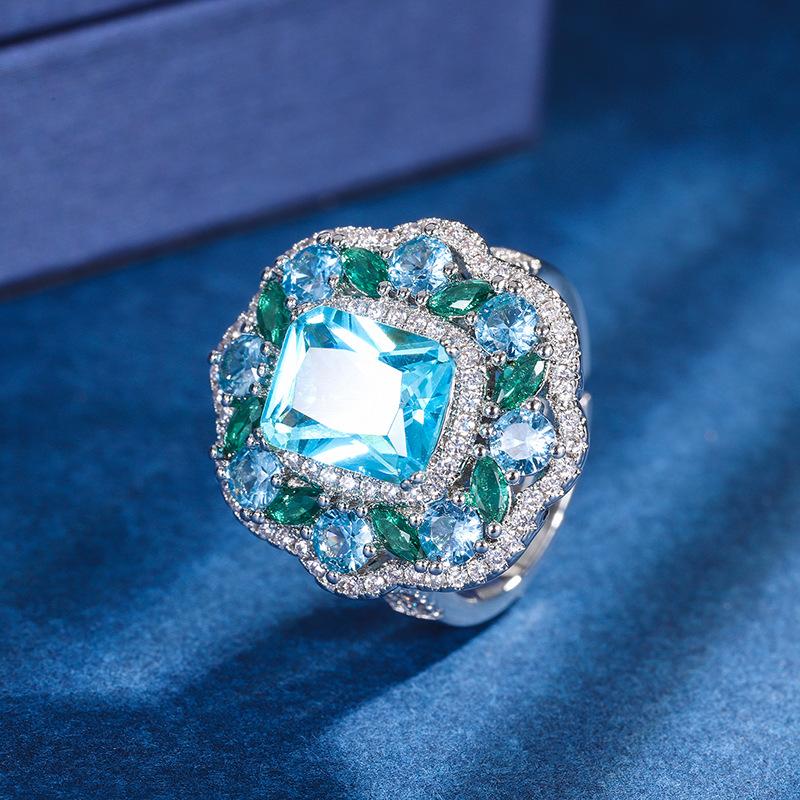 

Jewelry Copper Bottom Gold-Plated Simulation Topa Blue Set Retro Creative Full Diamond Luxury Inlaid Main Stone 8 * 12