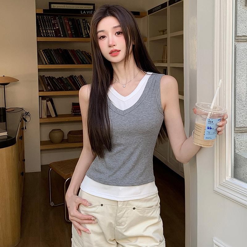

8 Contrast color fake two-piece collar sling vest for women, slim and thin in spring and summer, with chest pad inside and bottom top outside XL is suitable for 120-70kg серый