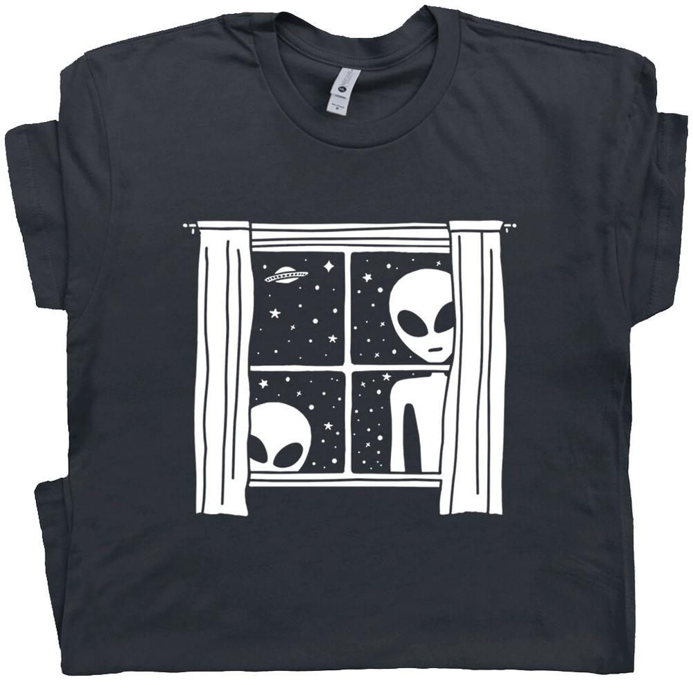 

Alien in Window T Shirt Weird Ufo Area 51 Roswell UAPs Tee Cryptid Cryptozoology S