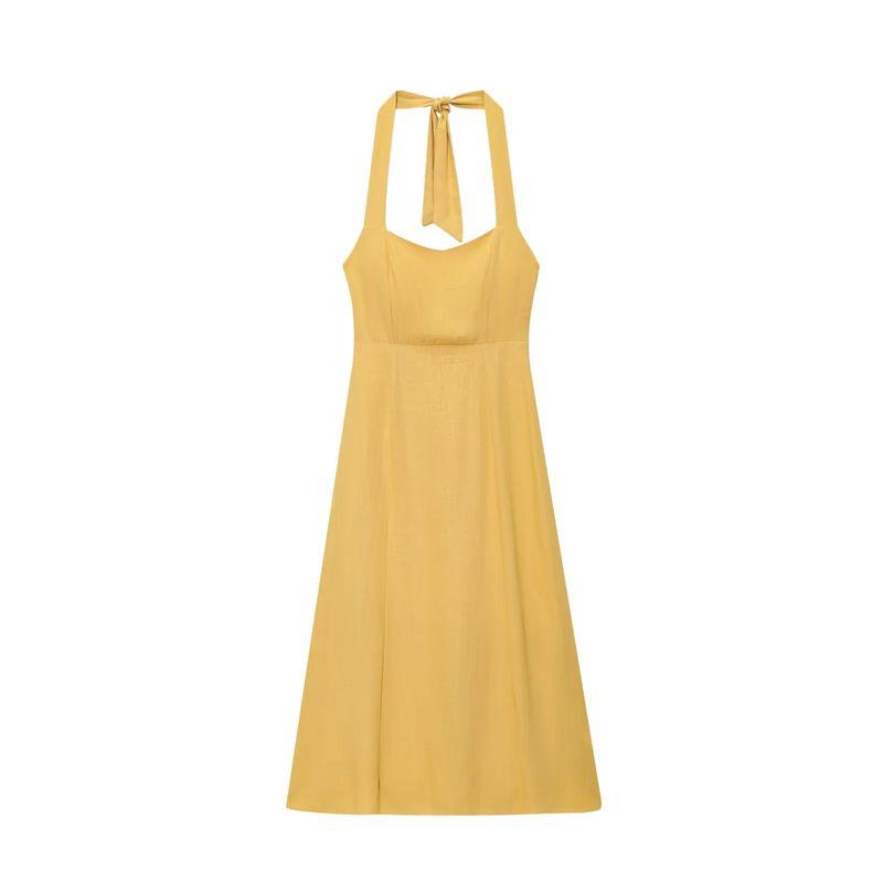 Summer New Product Women's Clothes Minimalist Cotton and Linen Blended Bowknot Decoration Hanging Collar High Waist Midi Skirt Long Dress
