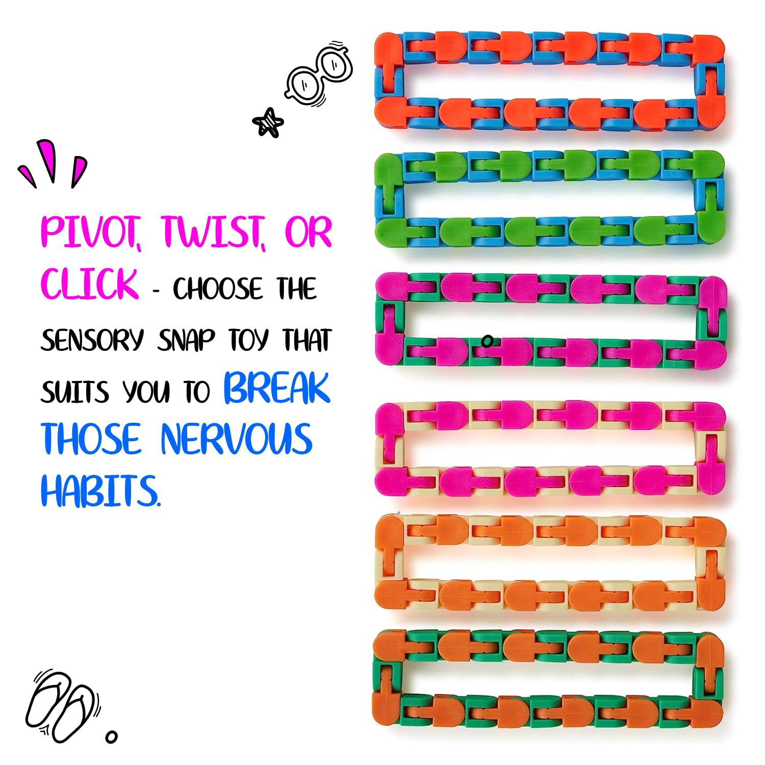 Neliblu Wacky Tracks 6 Pack Sensory Fidget Toys Snap and Click Fidget Cube Puzzles Bulk - ADHD, Autism, Stress Relief Therapy - Fidget Toys for