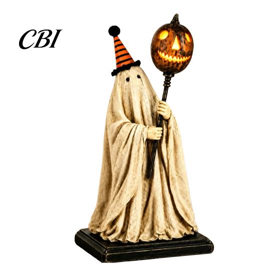 Decorazione Fantasma in Tessuto Shabby Statuetta Vintage con Scettro Zucca Luminoso, Ornamento di Halloween Luce LED Ambra Calda Luce, Resina Illuminata per Interni