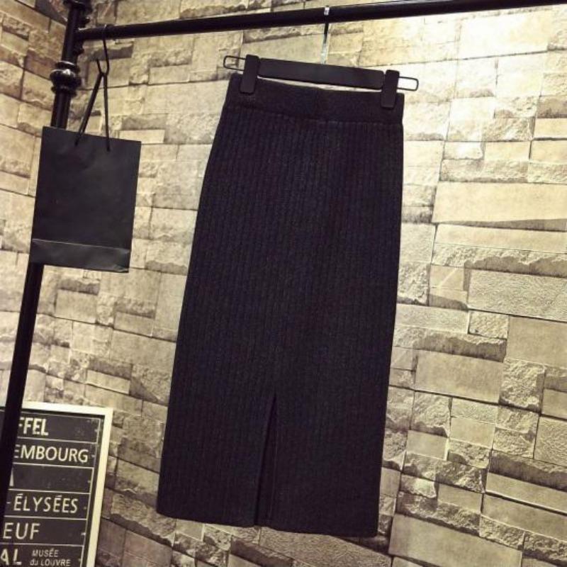Frauen Winter Rock Gestrickte Einfarbig Hohe Taille Zurück Split Mantel Warme Weiche Elastische Taille Dame Herbst Rock Weibliche Kleidung