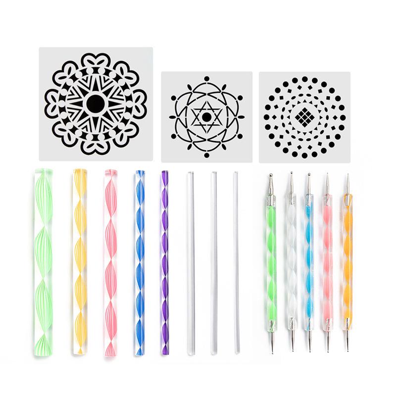 16dílná sada tečkovacích nástrojů na mandaly: Šablony, tečkovací tyčinky a pera pro stříkání a rock art