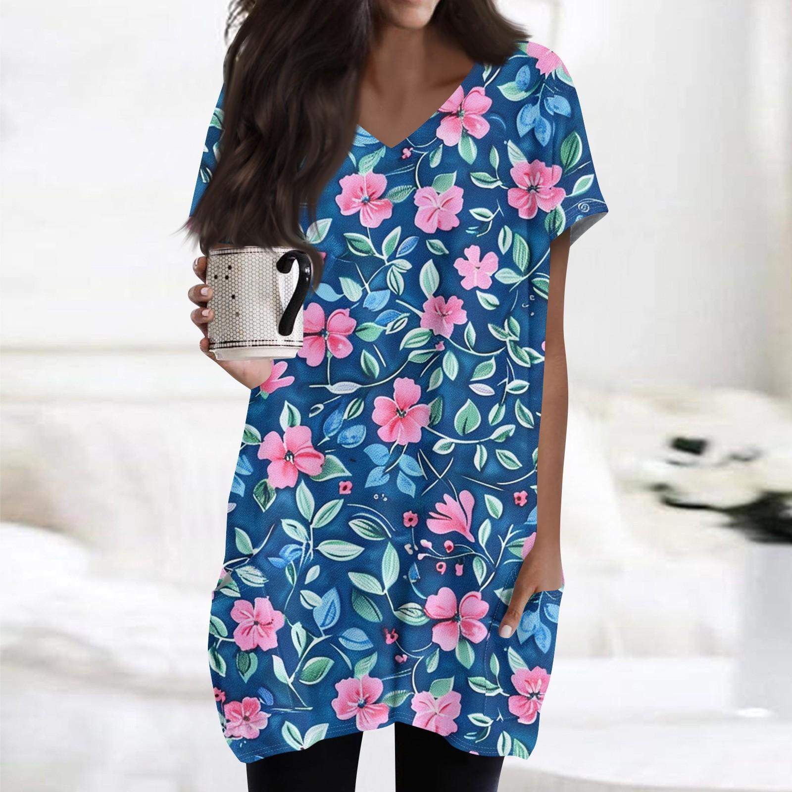 

Women s Retro Flower And Leaf Print V-Neck Midi Pocket Short Sleeve Top L синий