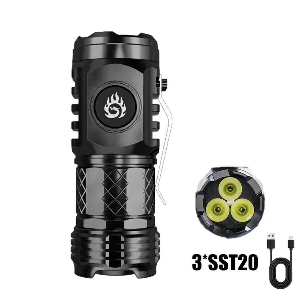 High Strong Power LED Flashlight Built-in Battery Type-C Rechargeable with Pen Clip Torch Outdoor Camping Emergency Lantern