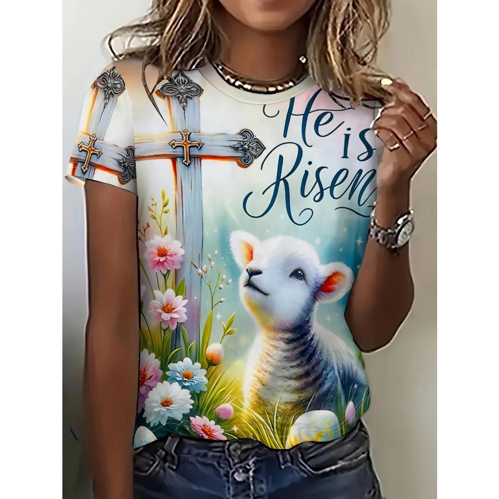 Women's T-shirt Cute Rabbit Print Fashion Top Summer Vacation Style Round Neck Short Sleeve Fashion Versatile