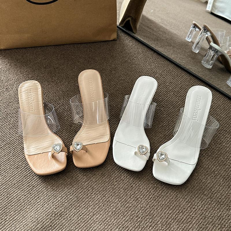 Transparent High-heeled Half-slippers, Women's New Rhinestone Thick-heeled Toed Slippers, and One-word Cool Slippers for Outer Wear.