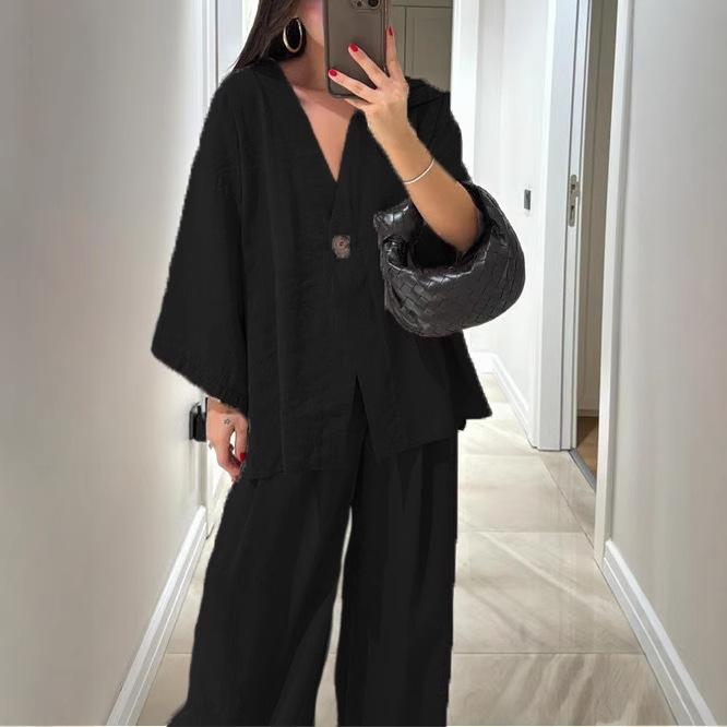 Causal Oversized Solid Pant Suit Women Single Button Long Sleeve V-neck Shirt Set Summer Casual Lady Streetwear