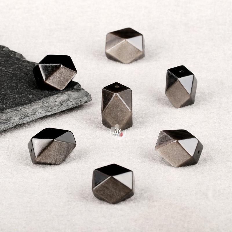 Tang Dynasty Eight-Edged Silver-Obsidian Spacer Beads for DIY Bracelets – Natural Crystal Luck Jewelry Accessory