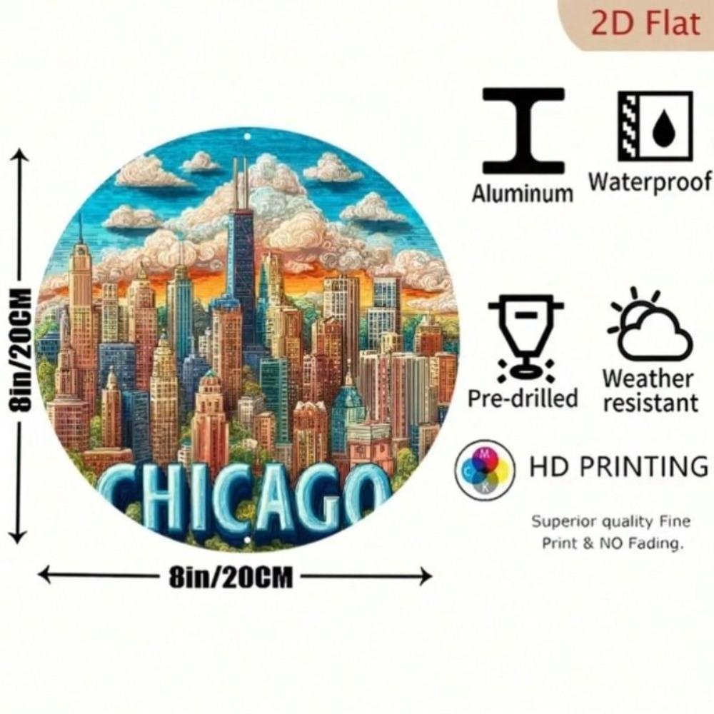 Chicago Silhouette Metal Wall Poster, Round Rustic Living Room Decor 7.87x7.87in