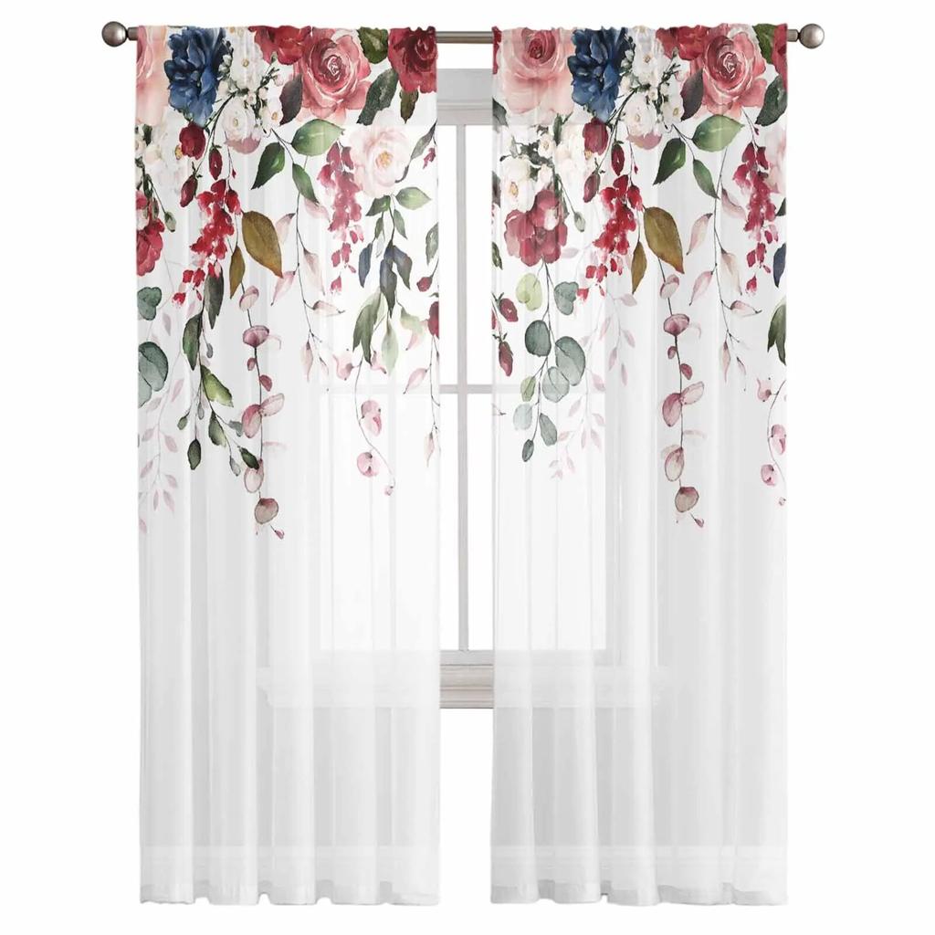 Valentine'S Day Pink Rose Flower Plant Sheer Curtains For Living Room Kitchen Window Curtains Bedroom Tulle Voile Curtains